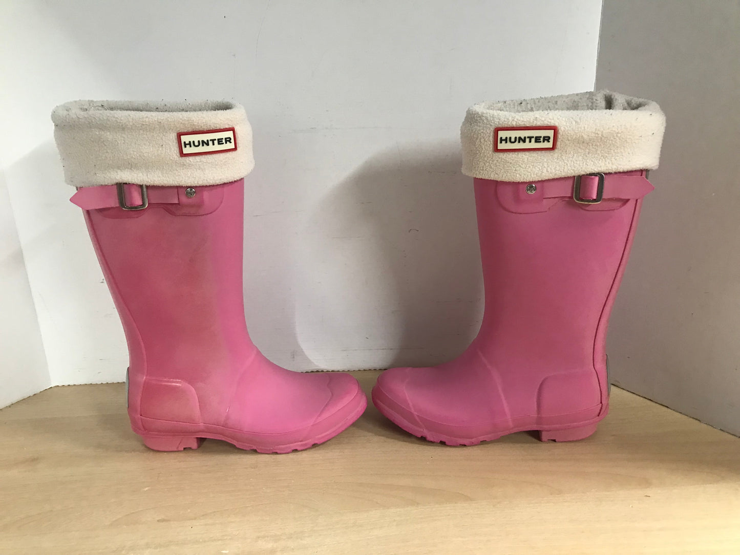 Hunter Rain Boots Child Size 3-4 Pink With Hunter Liner Some Color Wear