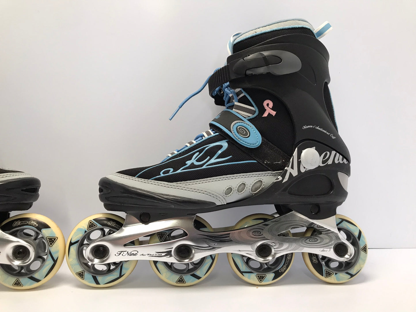 Inline Roller Skates Ladies Size 9 K-2 Black Blue With Rubber Wheels As New