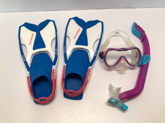 Snorkel Dive Fins Set Child Shoe Size 1-4 US Divers Blue pink Excellent