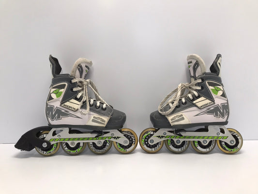 Hockey Roller Hockey Skates Child Size 10-13 Shoe Size Adjustable Mission Grey White Lime Rubber Wheels Excellent