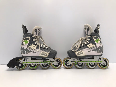 Hockey Roller Hockey Skates Child Size 10-13 Shoe Size Adjustable Mission Grey White Lime Rubber Wheels Excellent