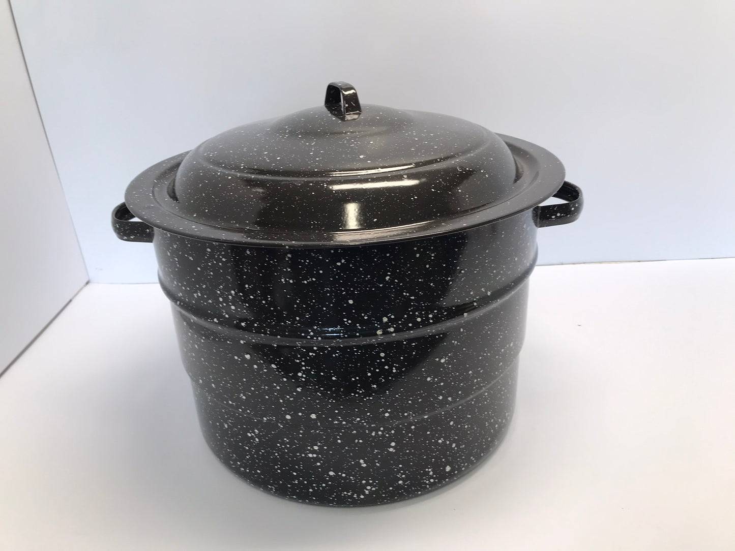 Camping Fishing Large 21 Quart Vintage Speckled Enamel Pot with Lid And Jar Lift Rack Canner Preserver 14” Diameter