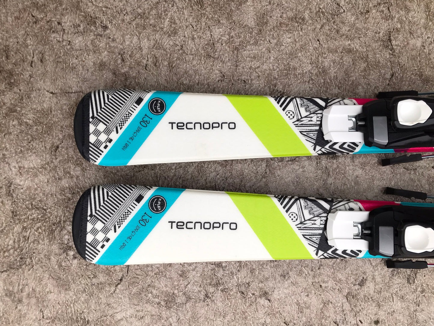 Ski 130 Tecno Pro Sweety Parabolic White Pink Teal Lime With Bindings NEW Demo Model