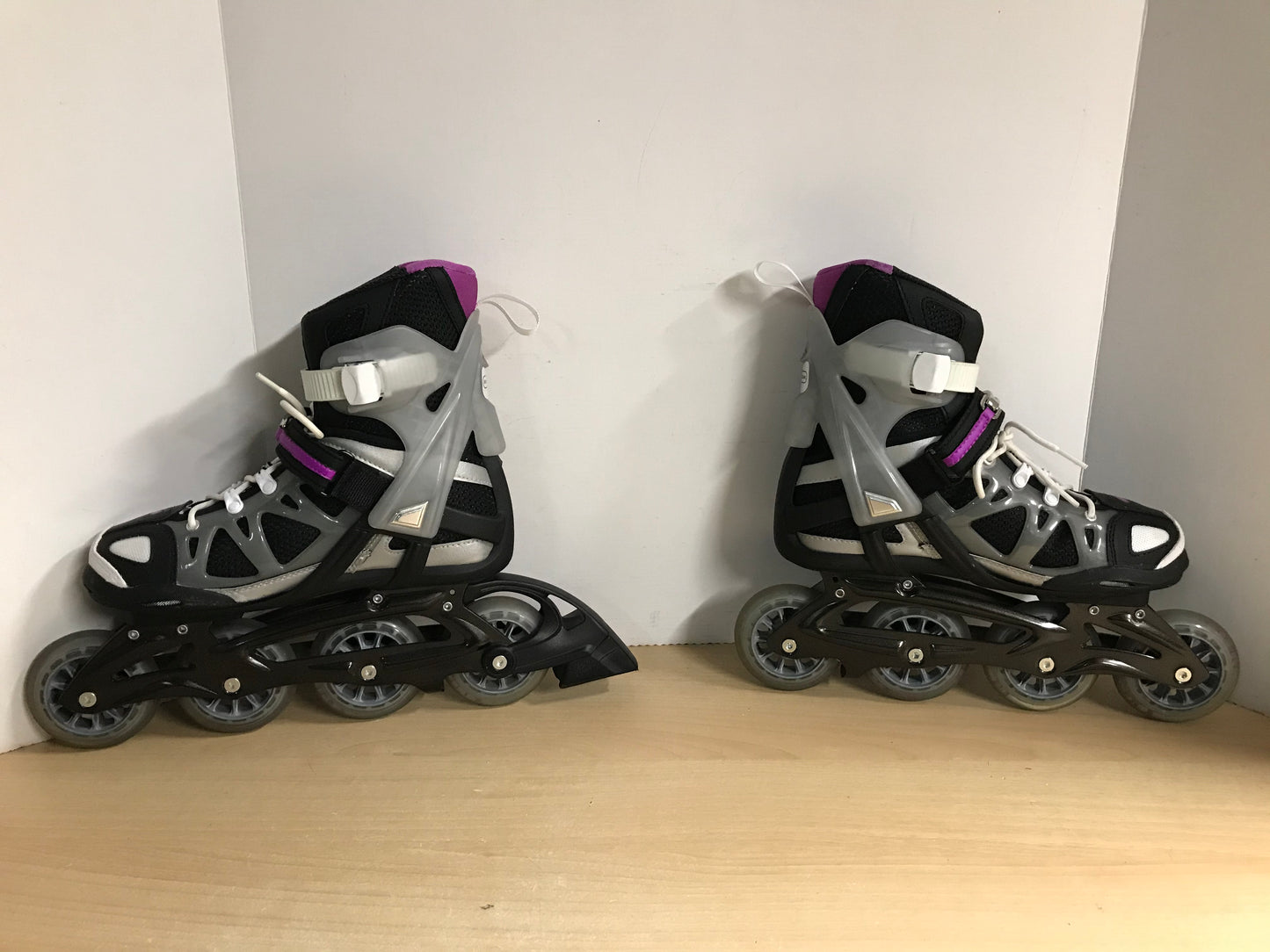Inline Roller Skates Ladies Size 7.5 Rollerblades Black Grey Purple With Rubber Wheels Excellent