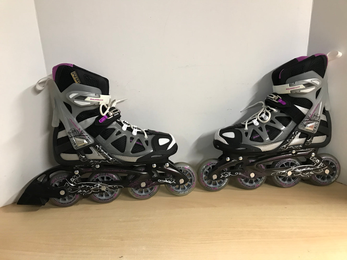 Inline Roller Skates Ladies Size 7.5 Rollerblades Black Grey Purple With Rubber Wheels Excellent
