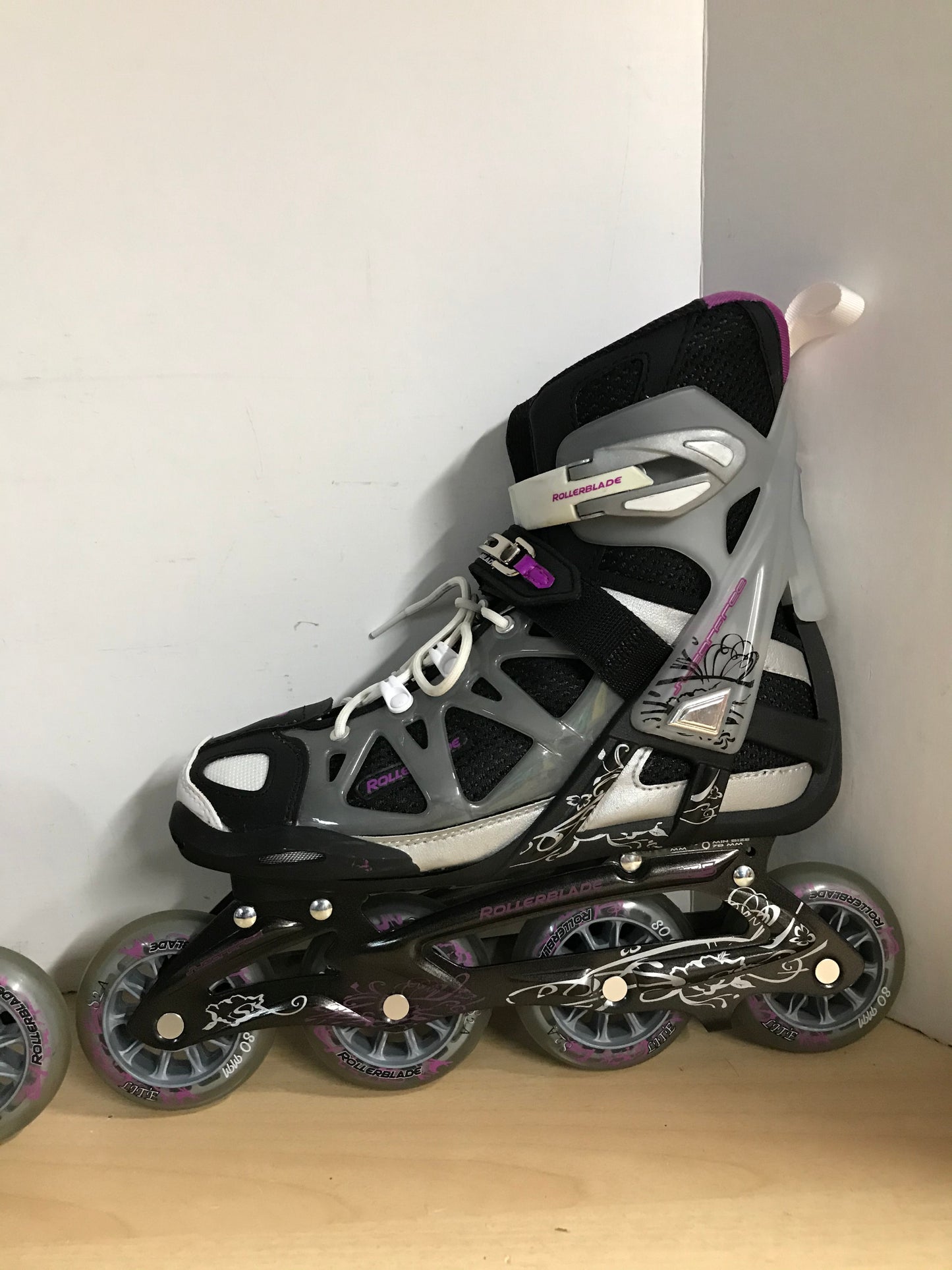 Inline Roller Skates Ladies Size 7.5 Rollerblades Black Grey Purple With Rubber Wheels Excellent