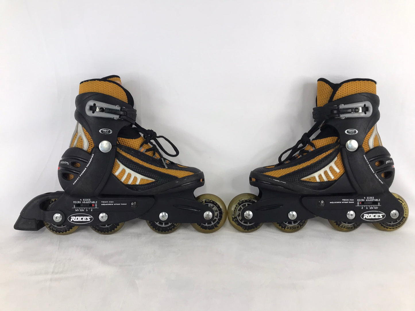 Inline Roller Skates Child Size 12-2 Adjustable Roces Black Rubber Wheels Gold Minor Wear