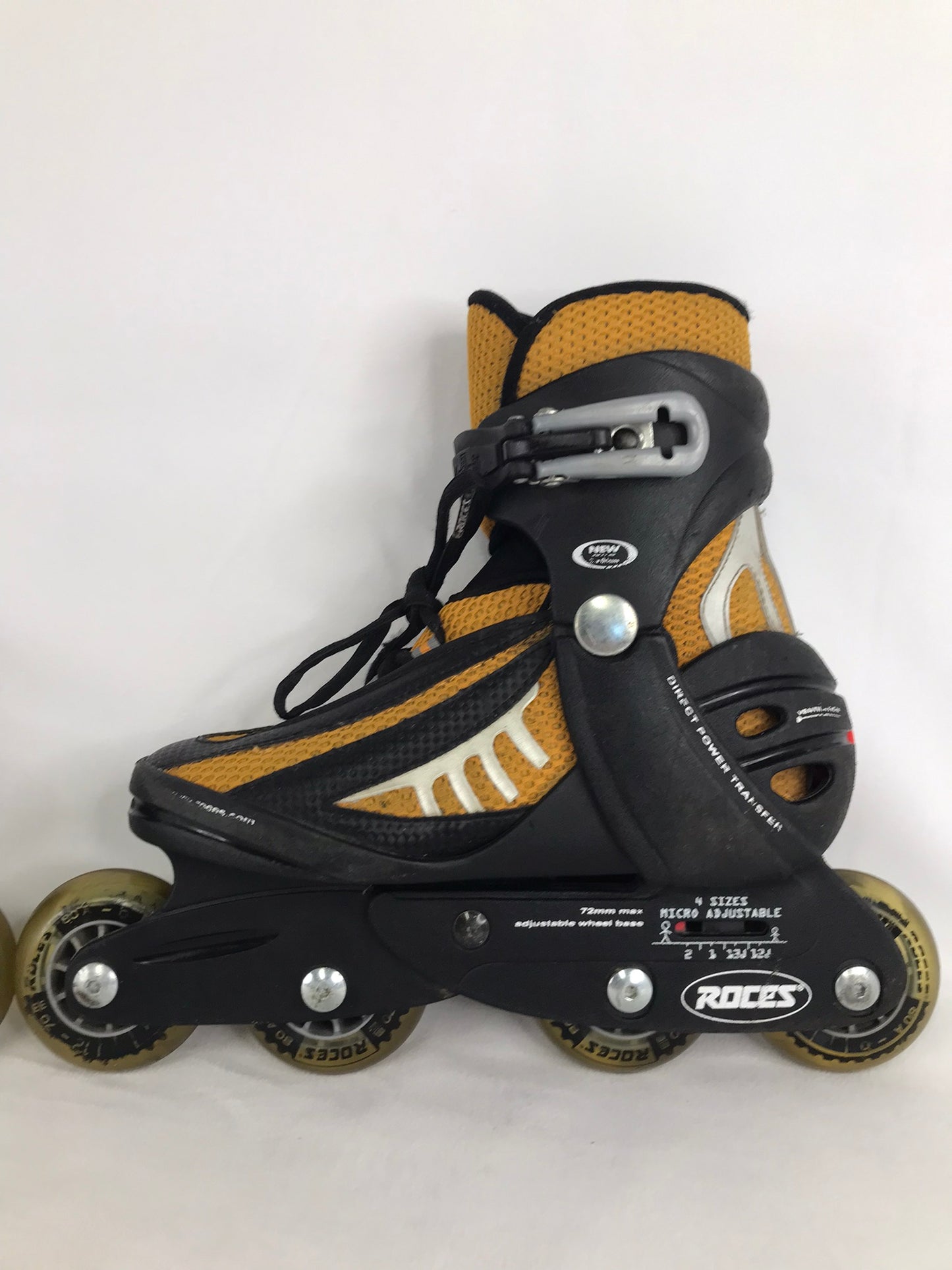 Inline Roller Skates Child Size 12-2 Adjustable Roces Black Rubber Wheels Gold Minor Wear
