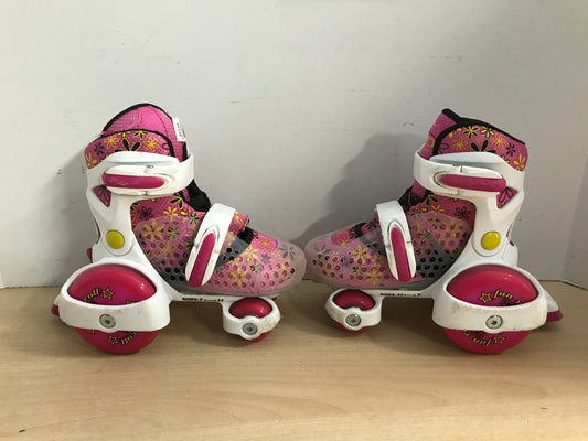 Inline Roller Skates Child Size 7-11 Adjustable Roller Derby Style Plastic Fun Roll Pink White Minor Wear