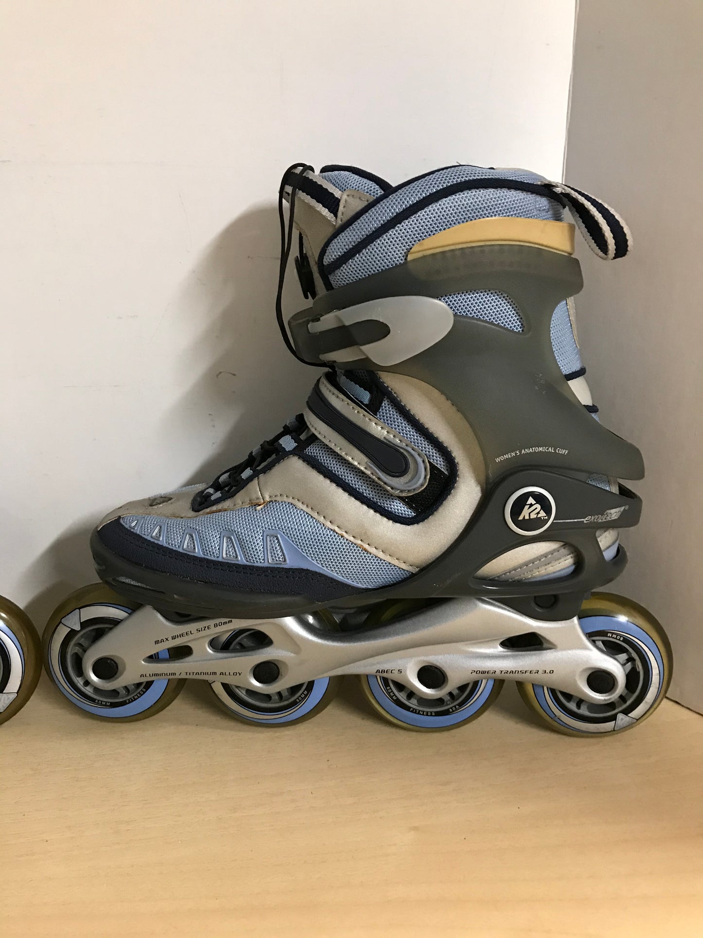 Inline Roller Skates Ladies Size 6 K-2 Blue Grey Rubber Wheels