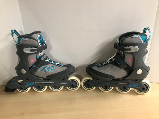 Inline Roller Skates Ladies Size 8 K-2 Grey Teal With Rubber Wheels As New Excellent