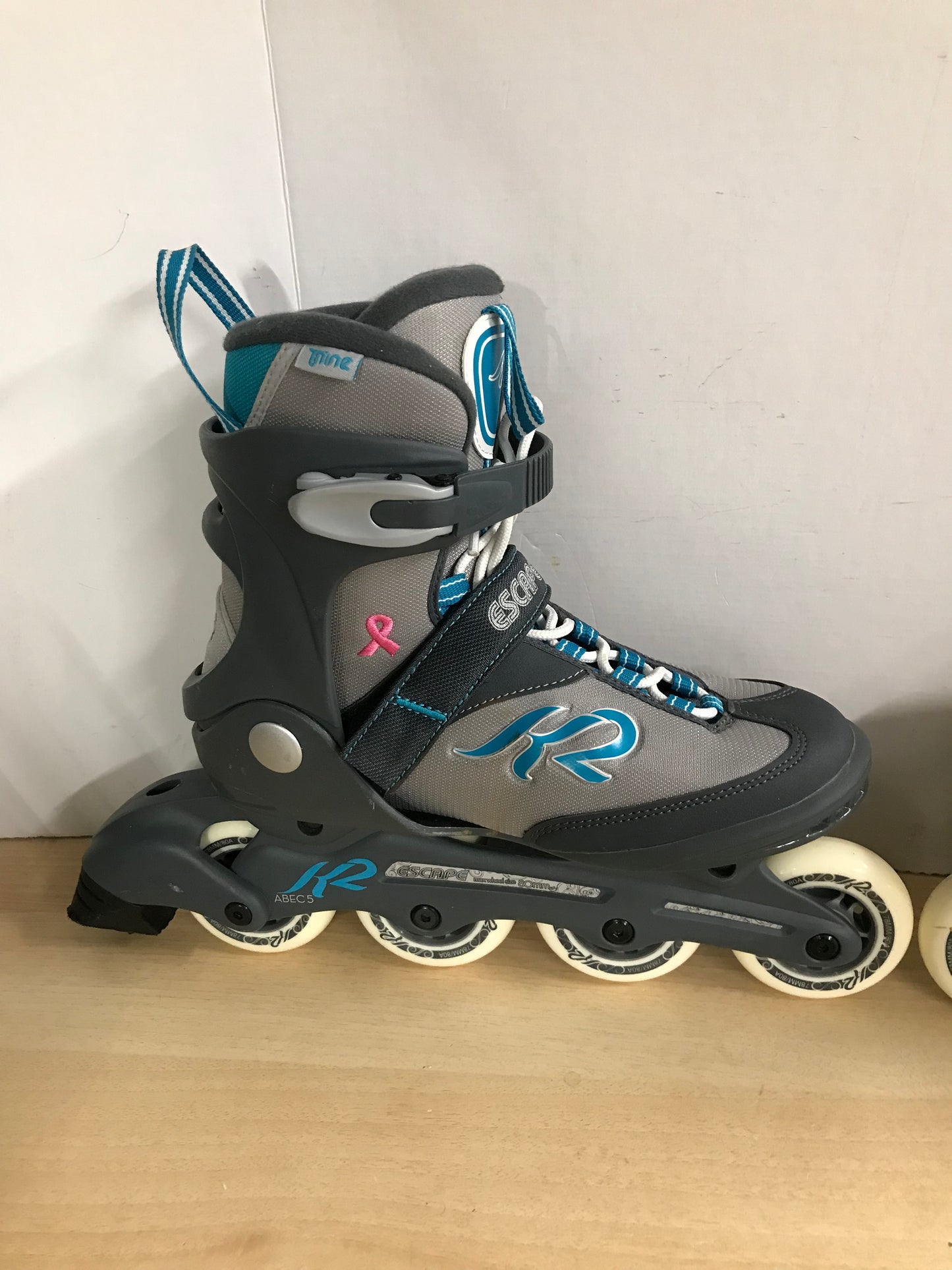 Inline Roller Skates Ladies Size 8 K-2 Grey Teal With Rubber Wheels As New Excellent