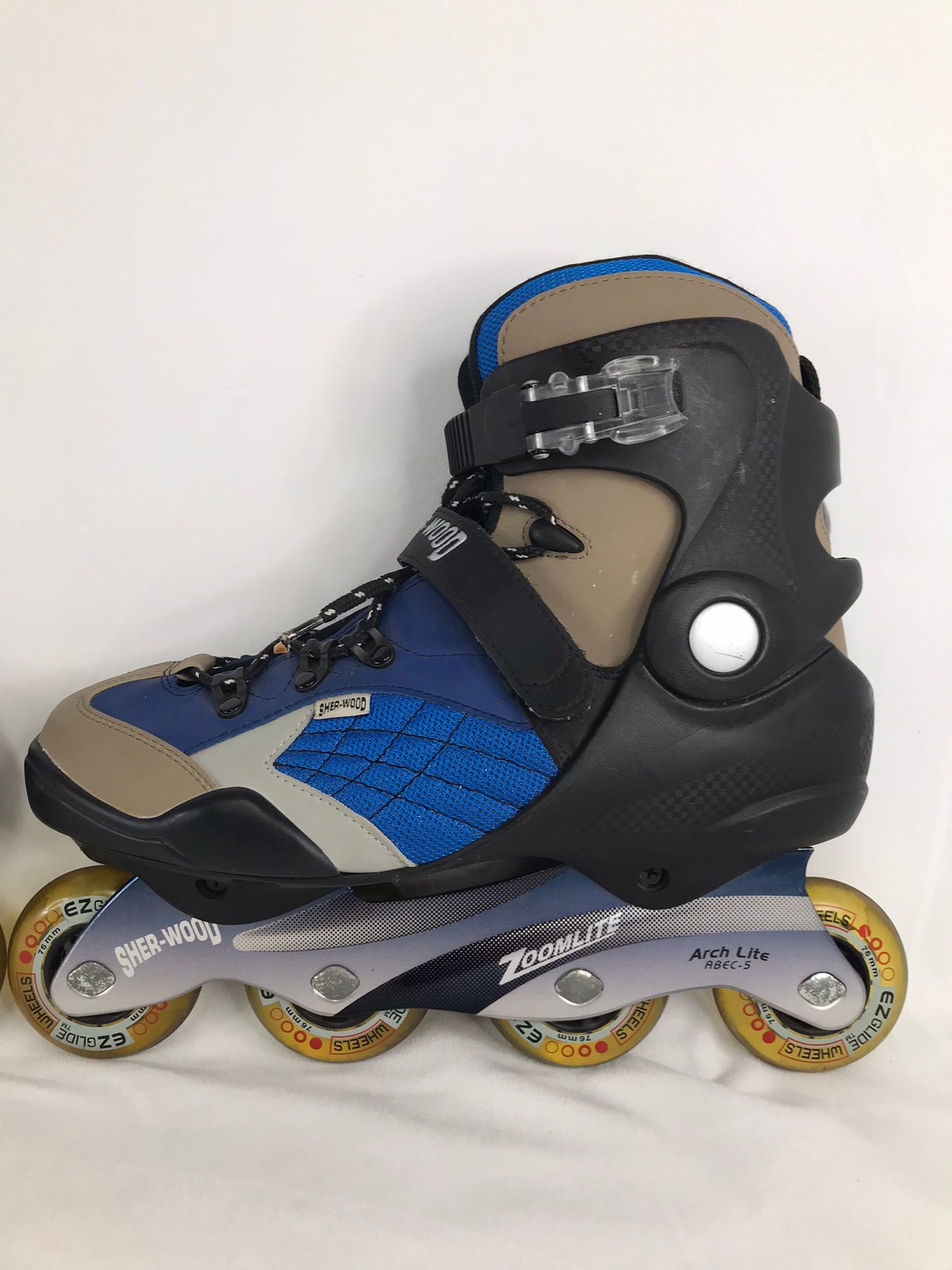 Inline Roller Skates Men's Size 11 Sherwood Black Blue Tan Rubber Wheels New Demo Model
