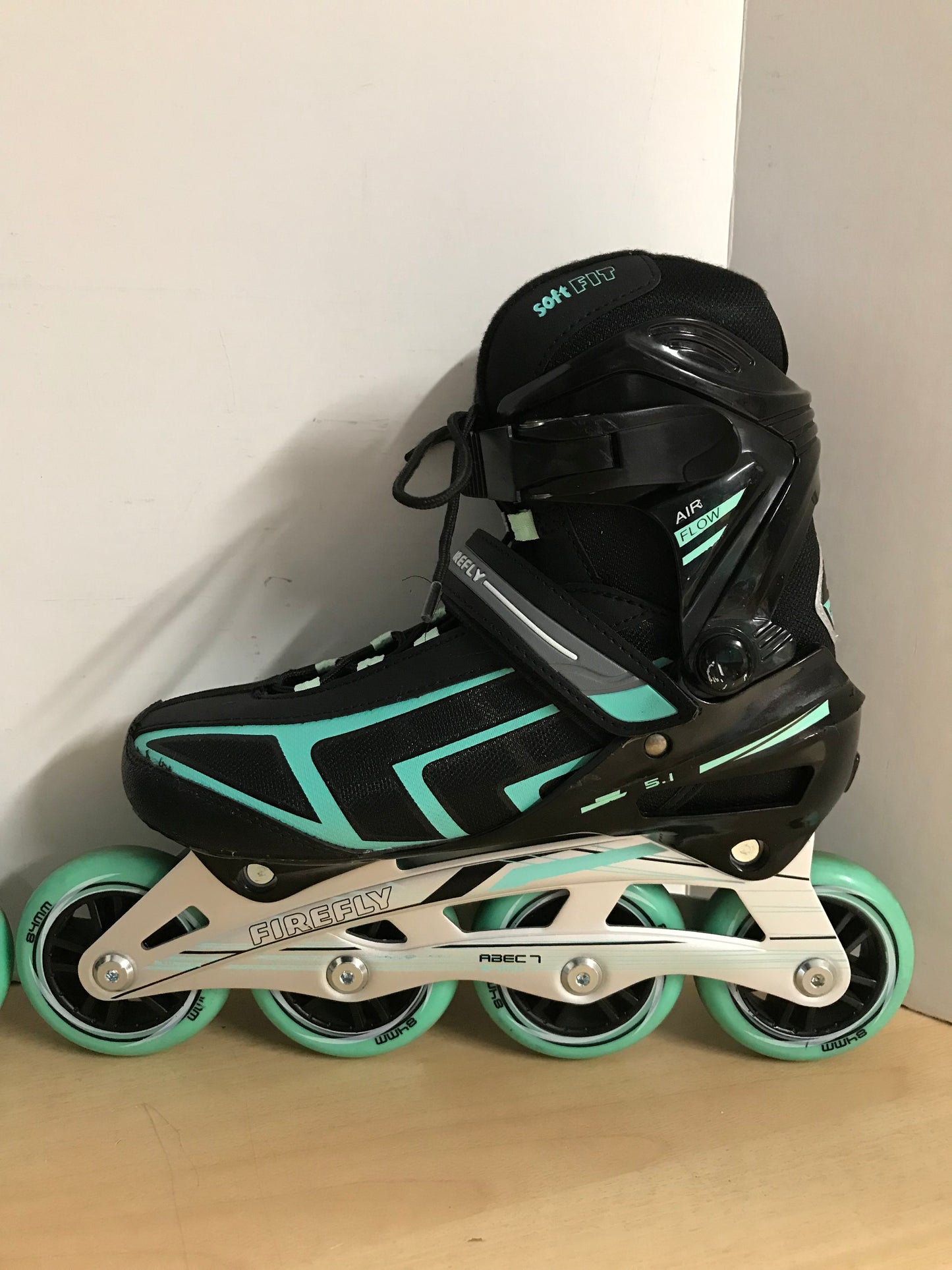Inline Roller Skates Ladies Size 7 Firefly Black Teal With Rubber Wheels Excellent