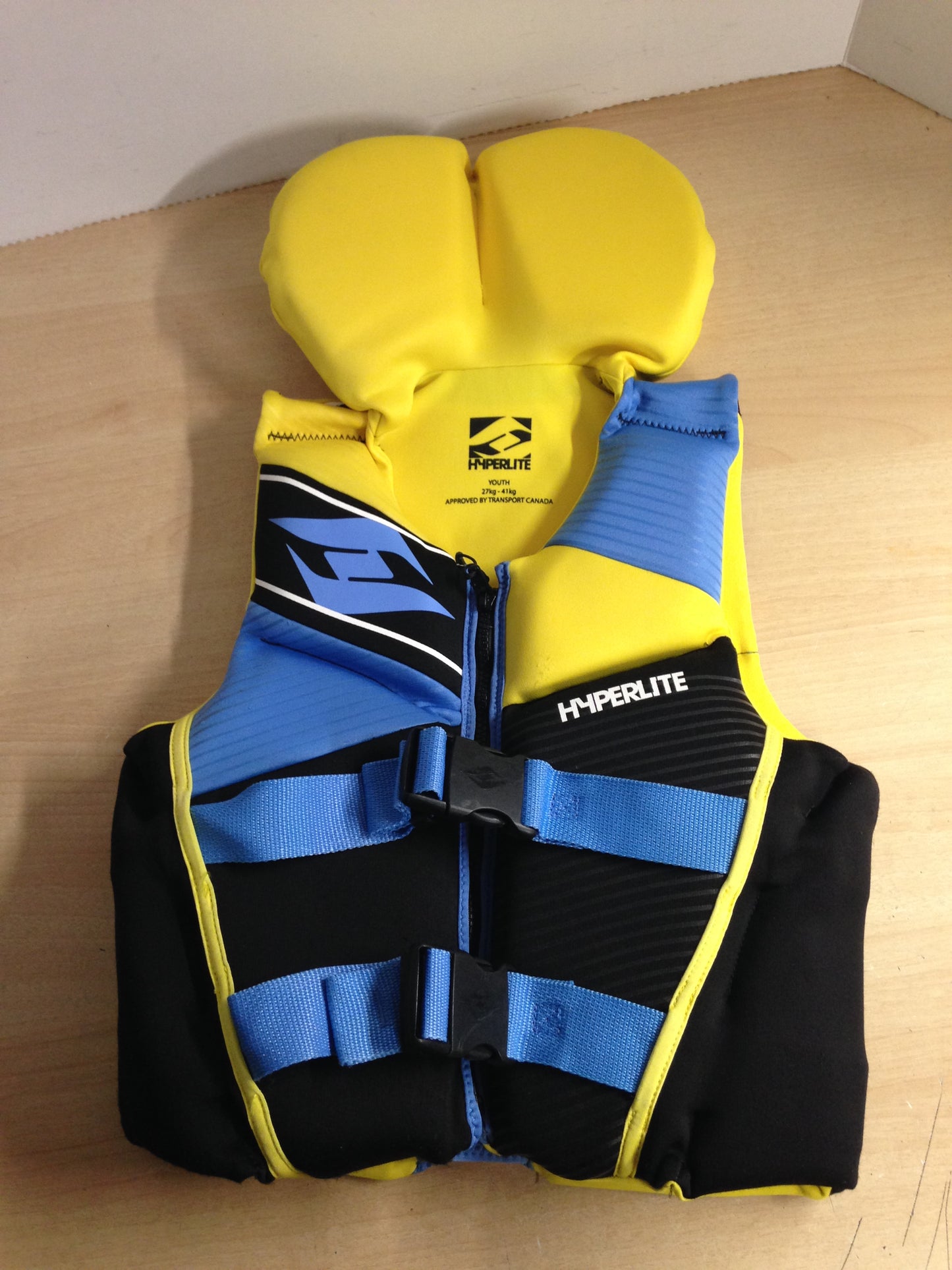 Life Jacket Child Size 60-90 Lb Hyperlite Neoprene Yellow Black Blue Excellent