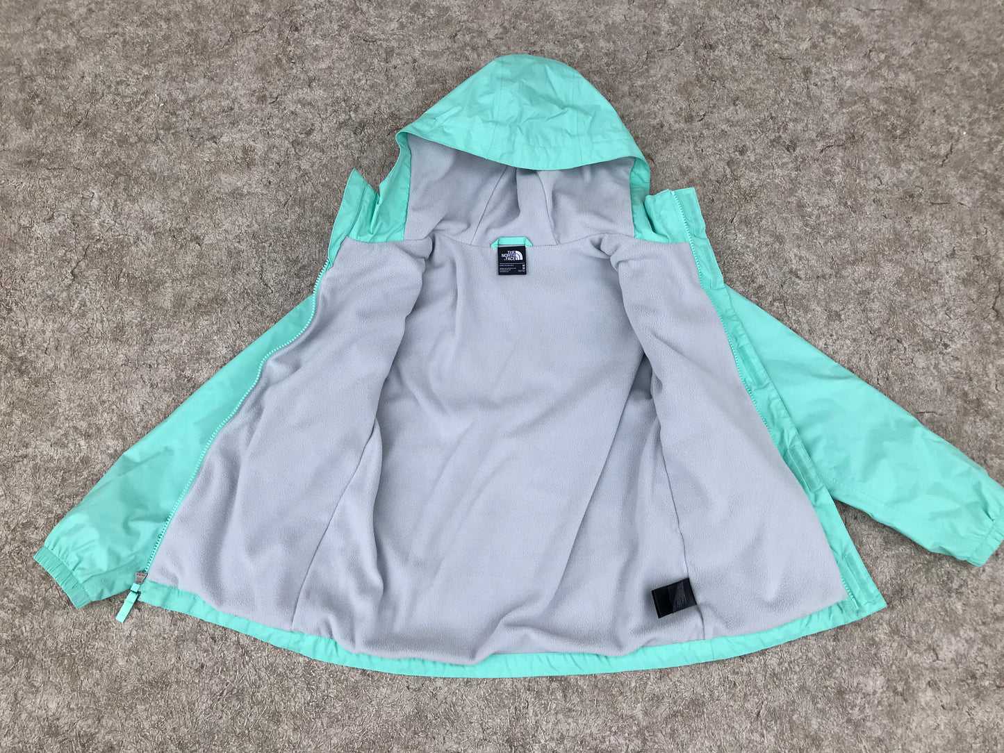 Light Coat Child Size 10-12 The North Face Rain and Wind Mint with Grey Micro Fleece Lined Excellent