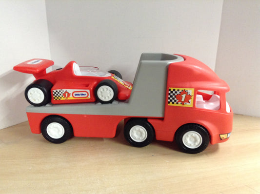 LITTLE TIKES RACE CAR TRACTOR TRAILER, 3 PIECE TOY TRUCK SET RED VINTAGE 1990 RARE