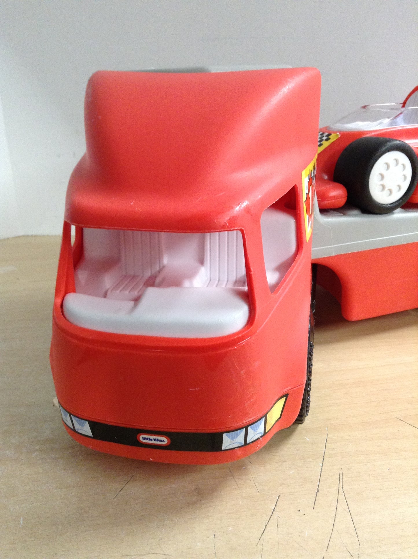 LITTLE TIKES RACE CAR TRACTOR TRAILER, 3 PIECE TOY TRUCK SET RED VINTAGE 1990 RARE