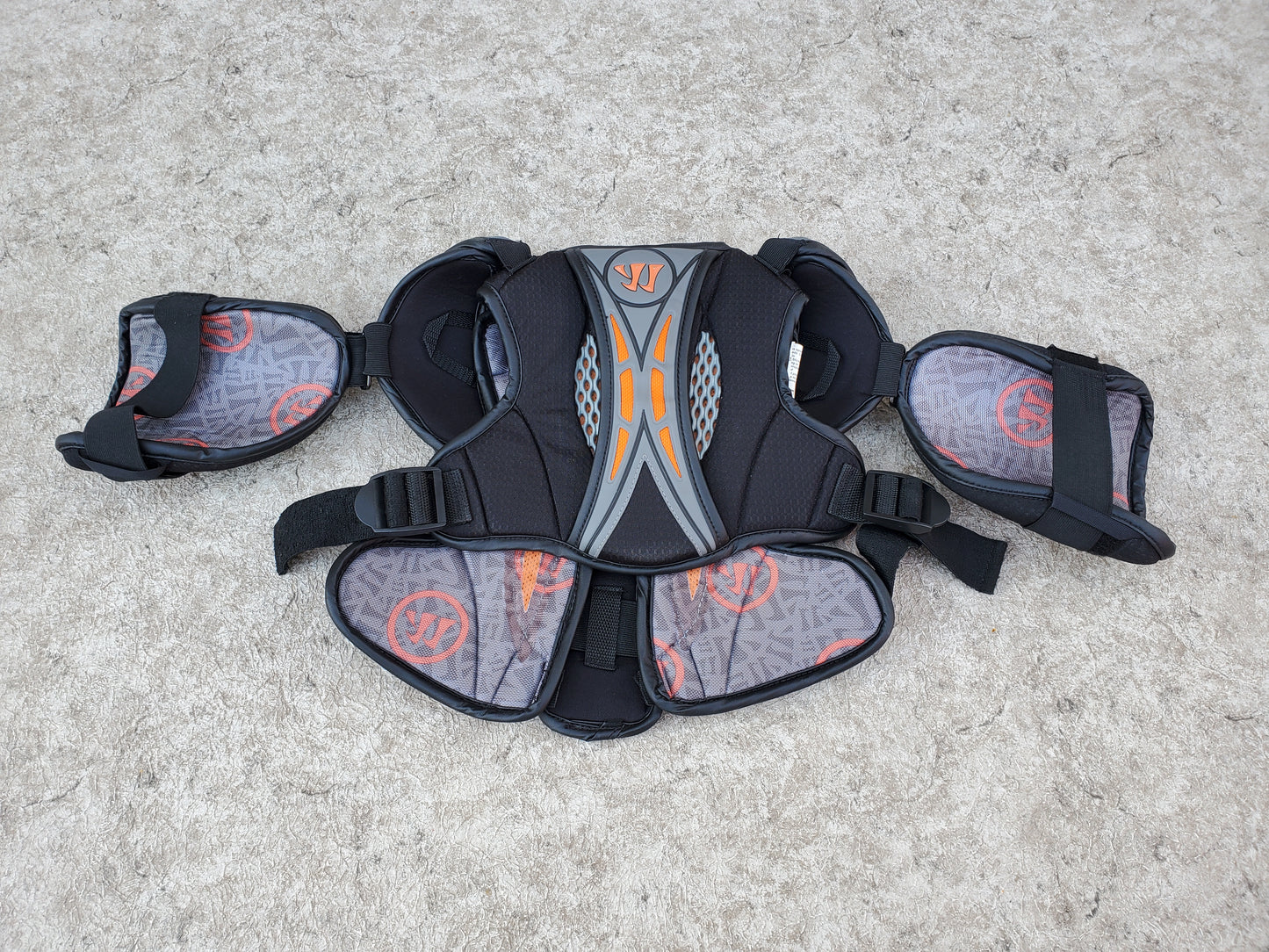 Lacrosse Chest Pad Child Size 10-12 Warrior Fat Boy Black Orange Grey Excellent