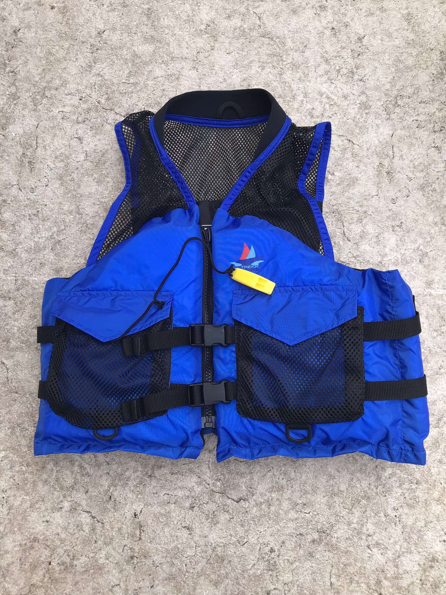 Life Jacket Adult Size 120-200 Lb Trekk Marine Kayak Paddle Canoe Universal Adjustable Blue on Blue With Whistle New Demo Model