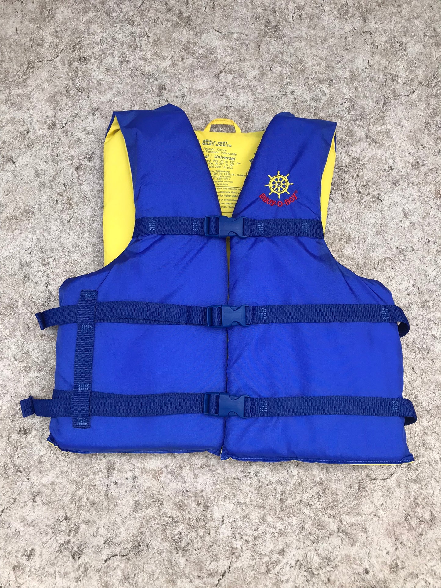 Life Jacket Adult Size 90-200 lb Universal Adjustable Buoy o Boy  Blue Yellow