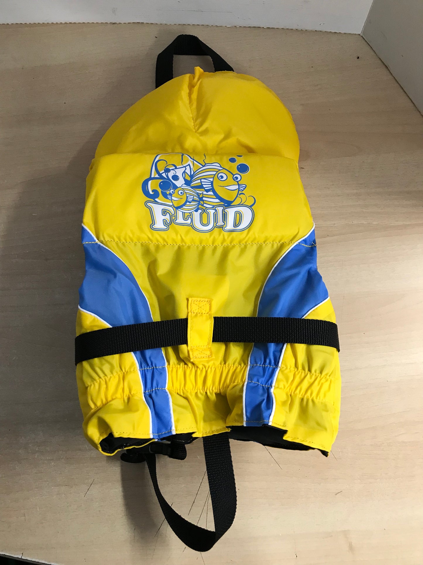 Life Jacket Child Size 20-30 lb Infant Fluid Yellow Black Blue Excellent
