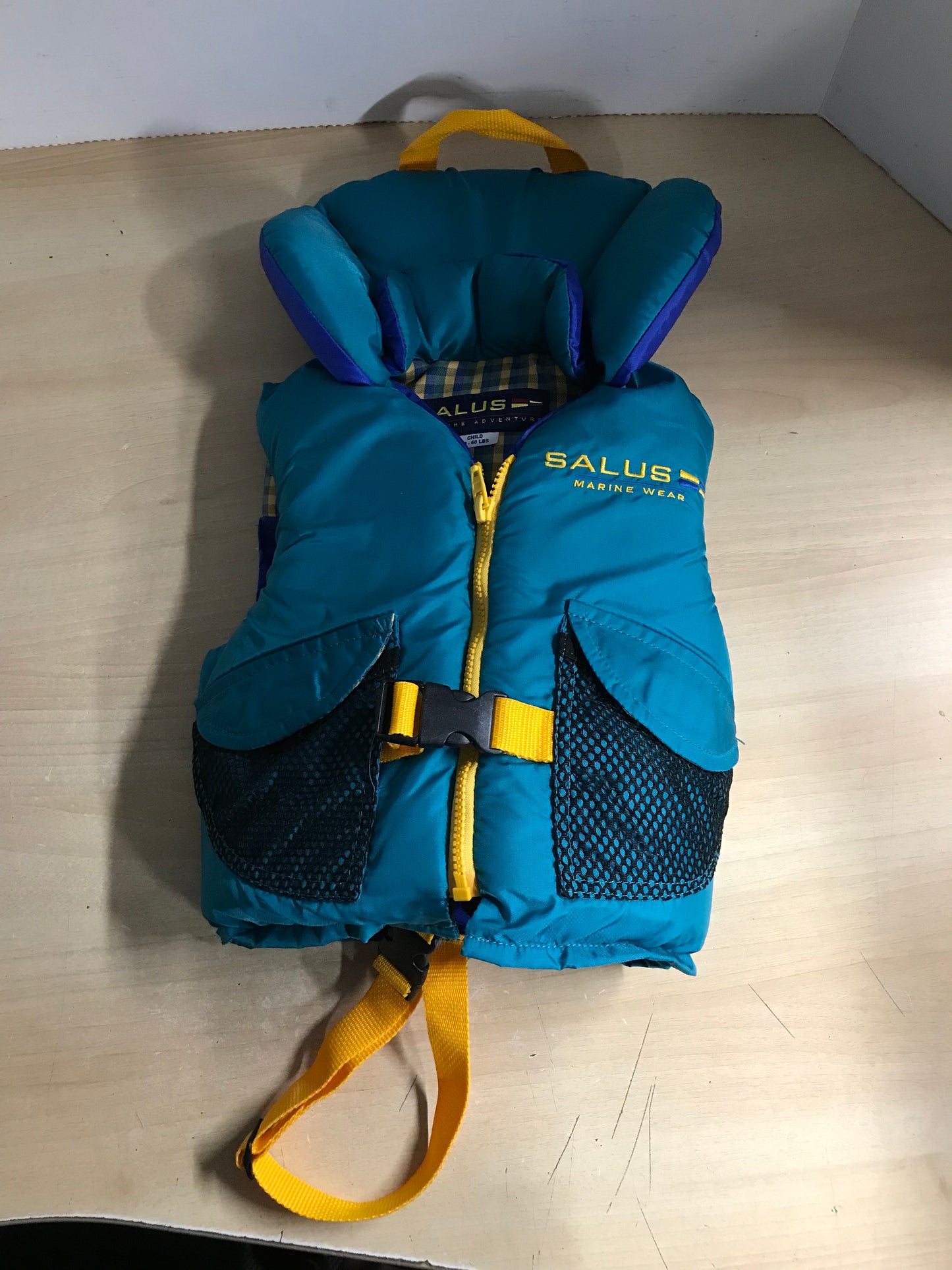 Life Jacket Child Size 30-60 Lb Salus Double Neck Support Teal Yellow Excellent