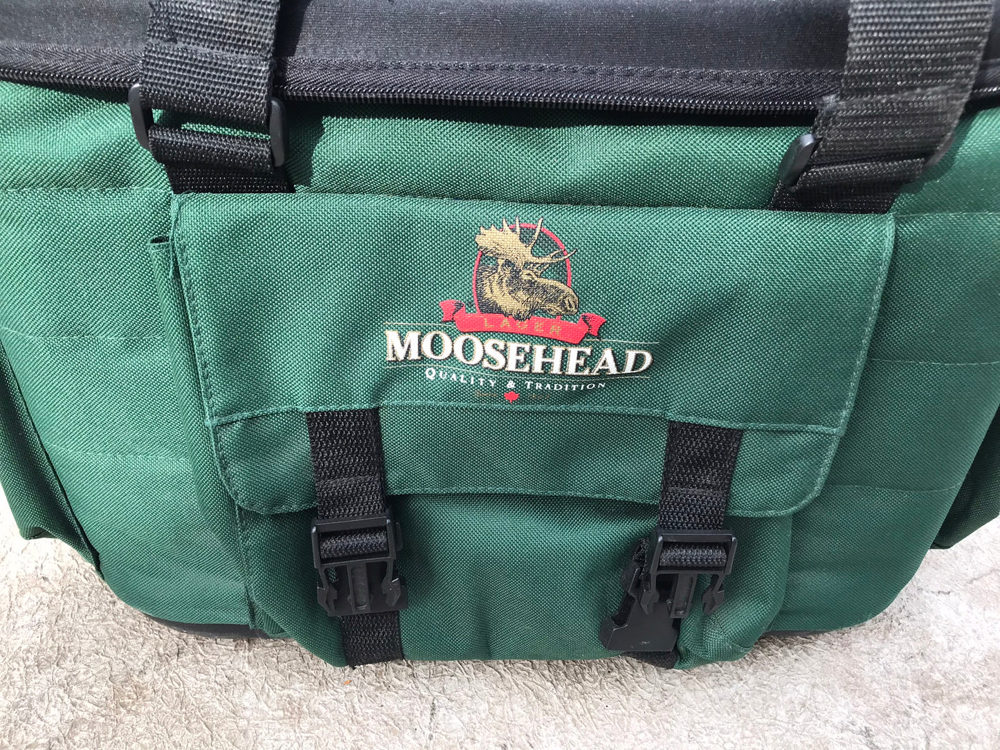 Moosehead Beer Lager Vintage Hunting Fishing Camping Cooler Loaded With Pockets Minor Tear on Inside Lid 16 x 12 x 10 inch Holds 12 Beer and Gear