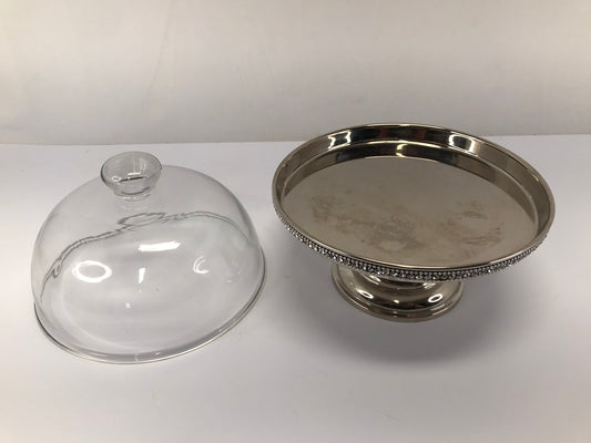 Metal Cake Plate With Bling and Glass Dome Top Excellent