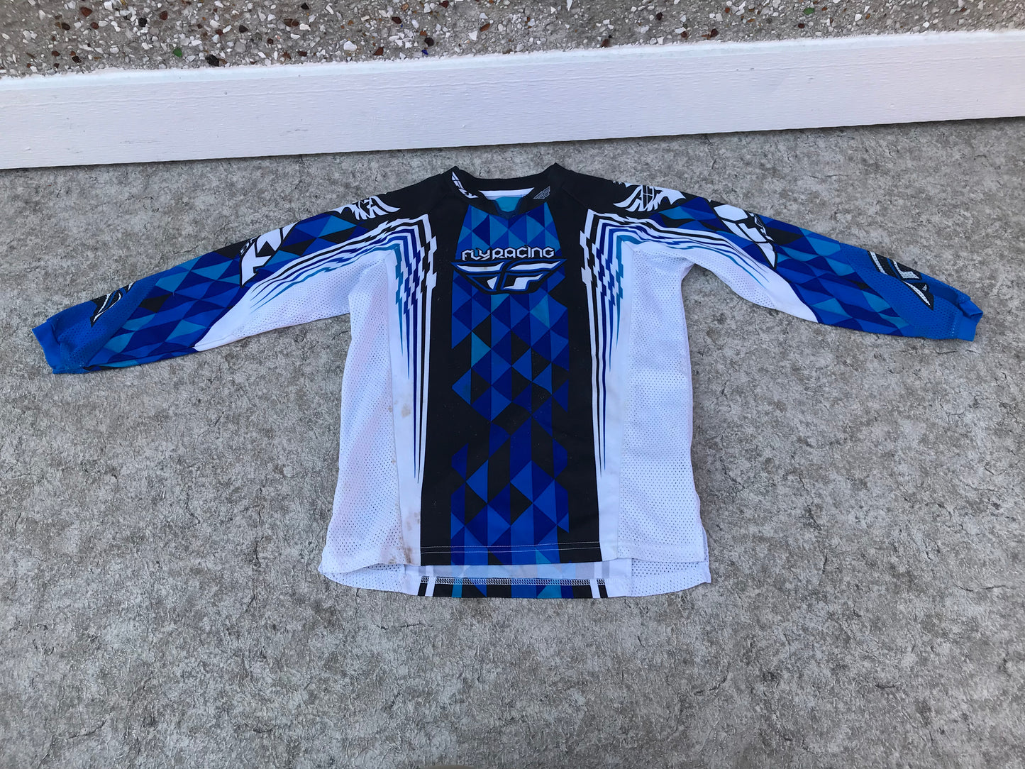 Motocross BMX Dirt Bike Child Size Large 10-12 Fly Racing Jersey White Blue Few Marks