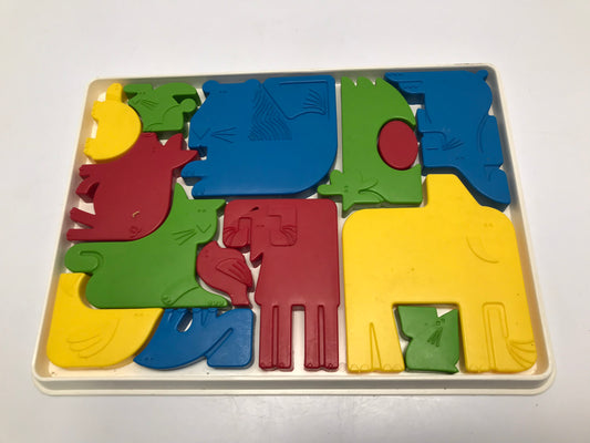 Puzzle 1970s Vintage GENI Plastic Tray Puzzle 14 Piece Bright Color Assorted Animals Large RARE