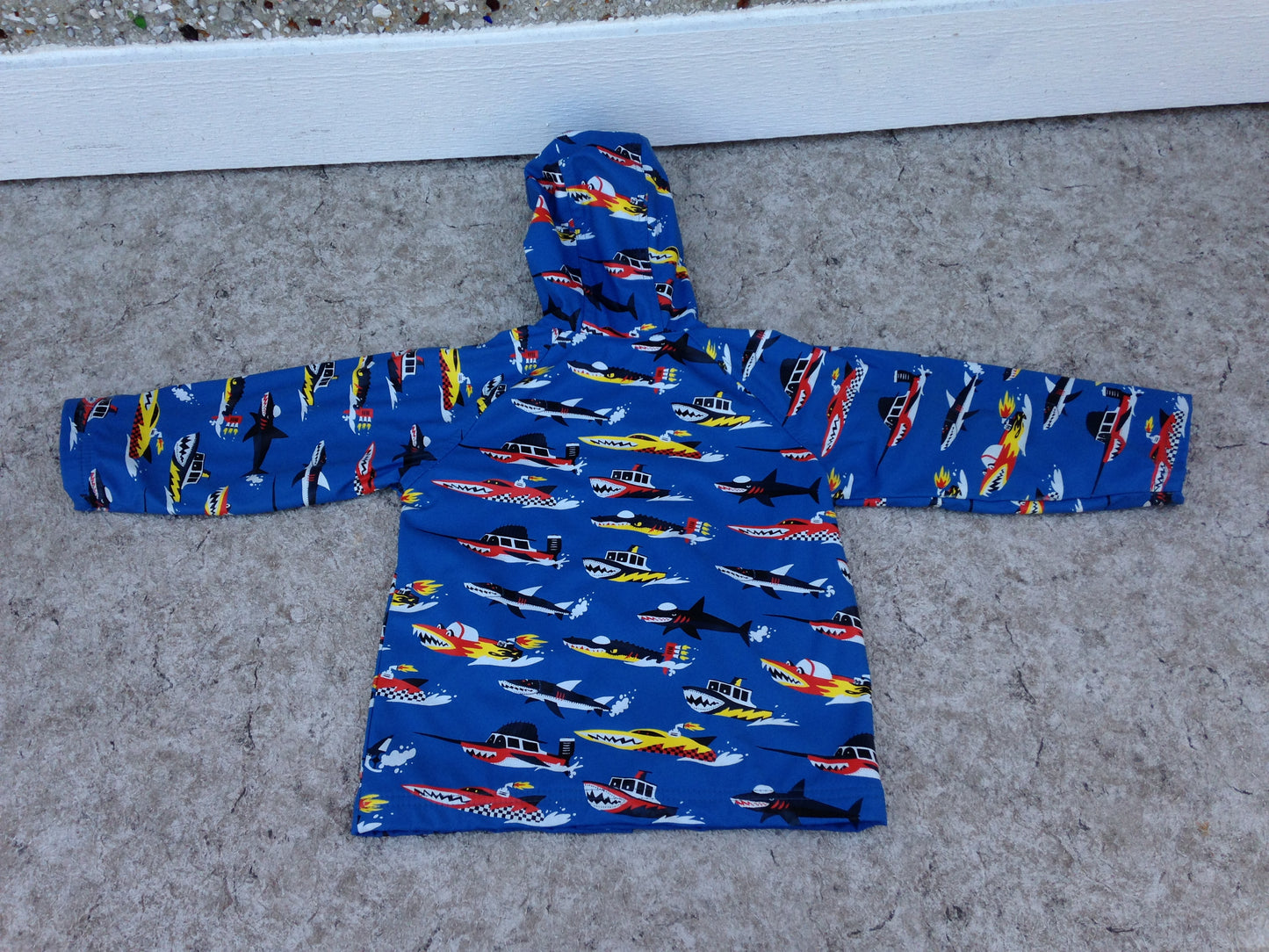 Rain Coat Child Size 4 Hatley Blue Red With Sharks Excellent