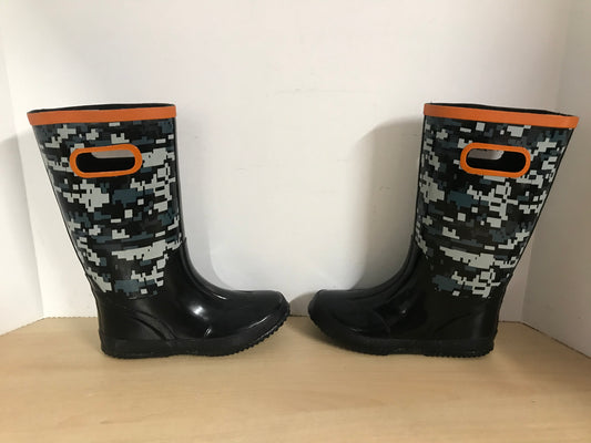 Rain Boots Child Size 1 Waterproof Lined Black Grey Orange Excellent