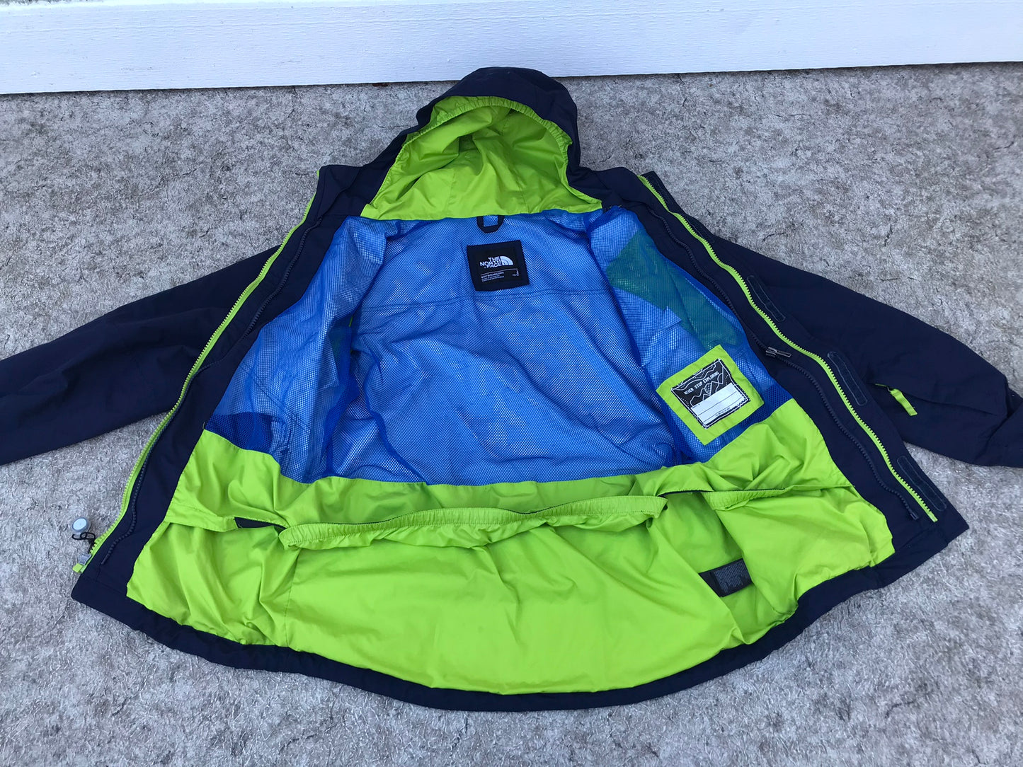 Rain Coat Child Size 14-16 The North Face Navy and Lime Works Well For Spring Skiing Too