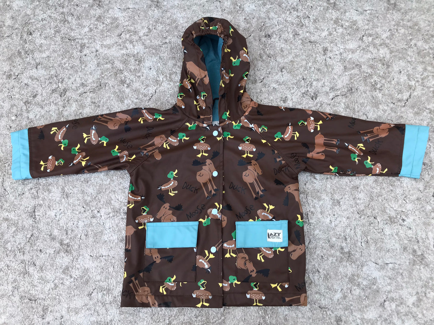 Rain Coat Child Size 3 Lazy Bones Brown Blue Moose and Ducks Waterproof Excellent