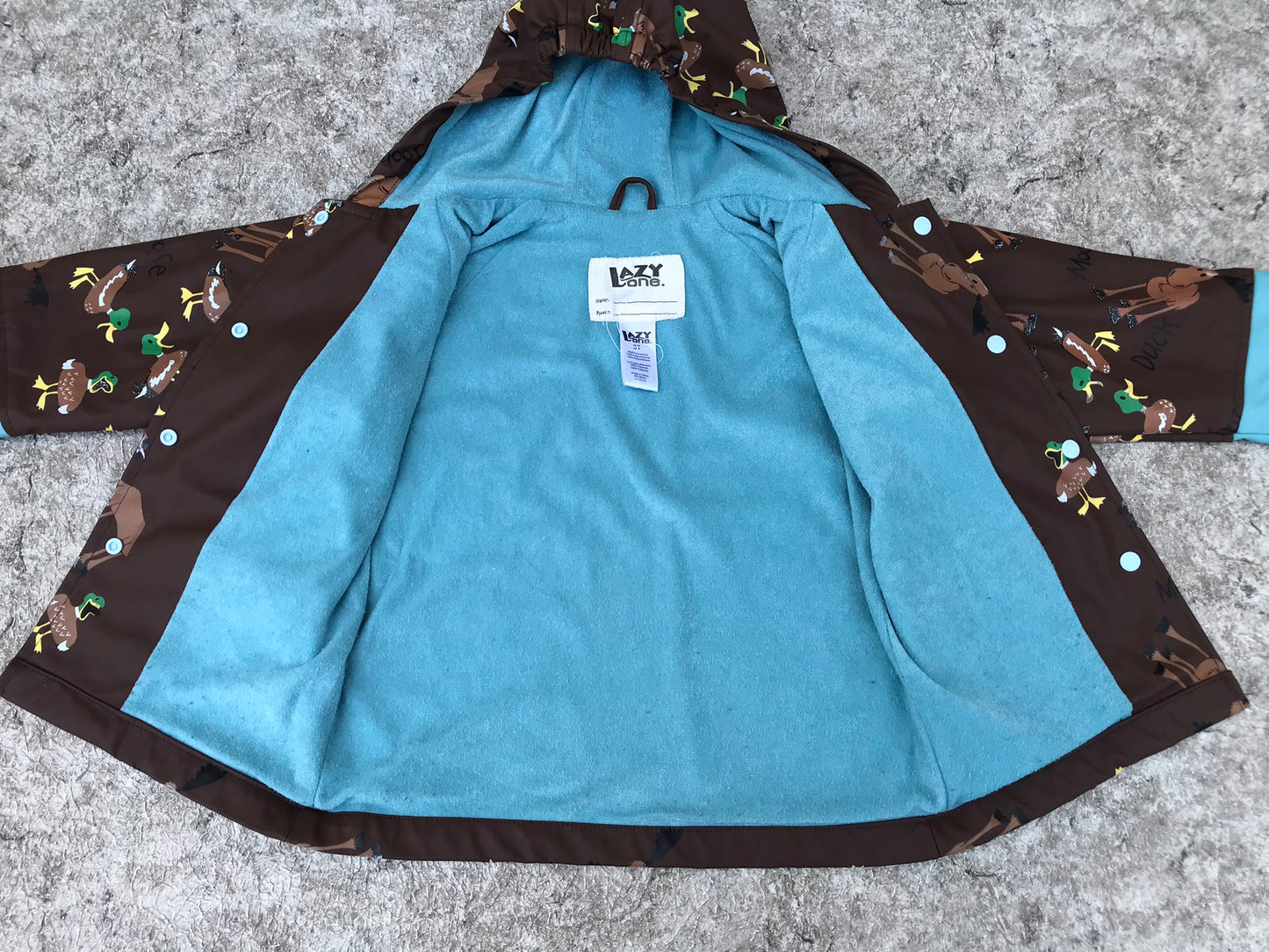 Rain Coat Child Size 3 Lazy Bones Brown Blue Moose and Ducks Waterproof Excellent