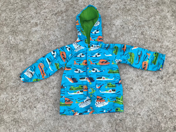 Rain Coat Child Size 4 Hatley Helicopters Blue Lime Excellent