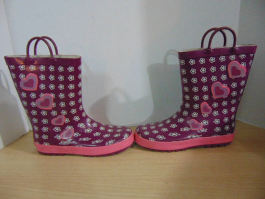 Rain Boots Child Size 4 Pink Flowers and Hearts Rubber Excellent