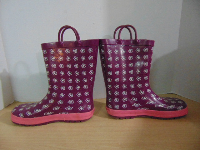 Rain Boots Child Size 4 Pink Flowers and Hearts Rubber Excellent