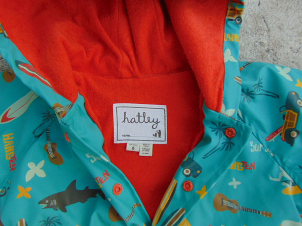 Rain Coat Child Size 6 Hatley Surf Sun Sharks Teel Orange Excellent