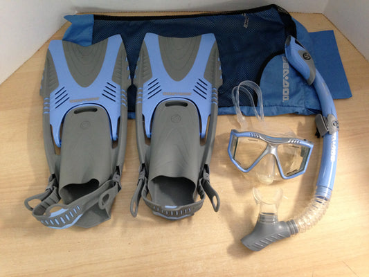 Snorkel Dive Fins Set Ladies Size 5-9.5 Shoe Sea Doo Blue Grey