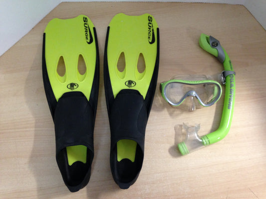 Snorkel Dive Fins Set Ladies Size 6-7 Shoe Body Glove And Other Black Yellow Lime  Excellent
