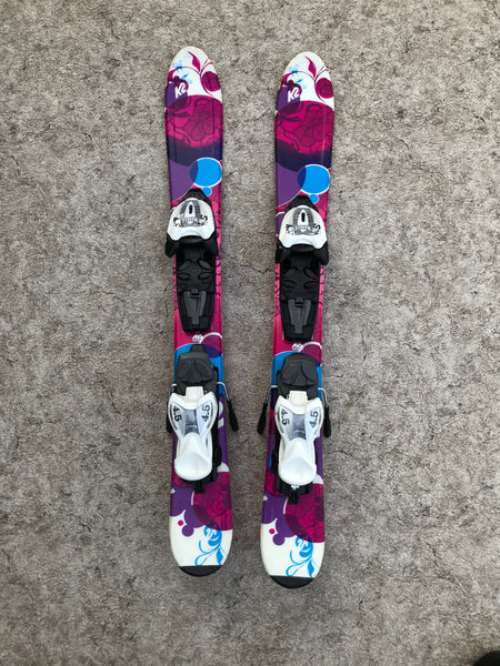 Ski 076 K-2 Toddler Size Pink Blue Floral Parabolic With Bindings Excellent