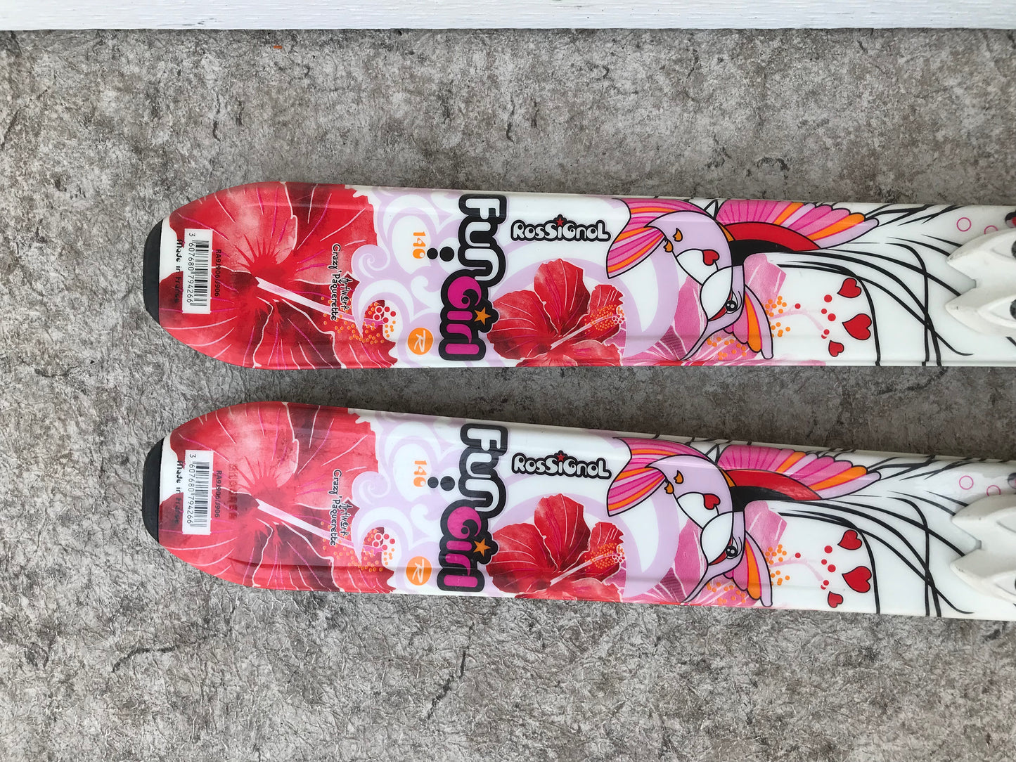 Ski 140 Rossignol Fun Girl White Red Pink Flowers Parabolic With Bindings