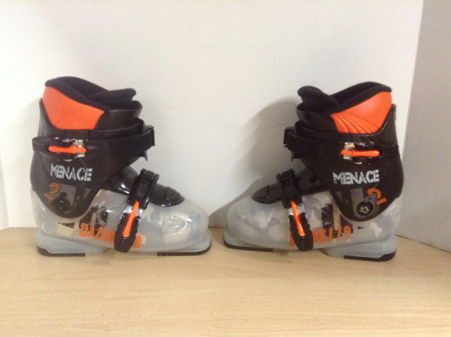 Ski Boots Mondo Size 20.5  Child Size 2 250 mm Dalbello Menace 2 Orange Black Clear Camoe Excellent