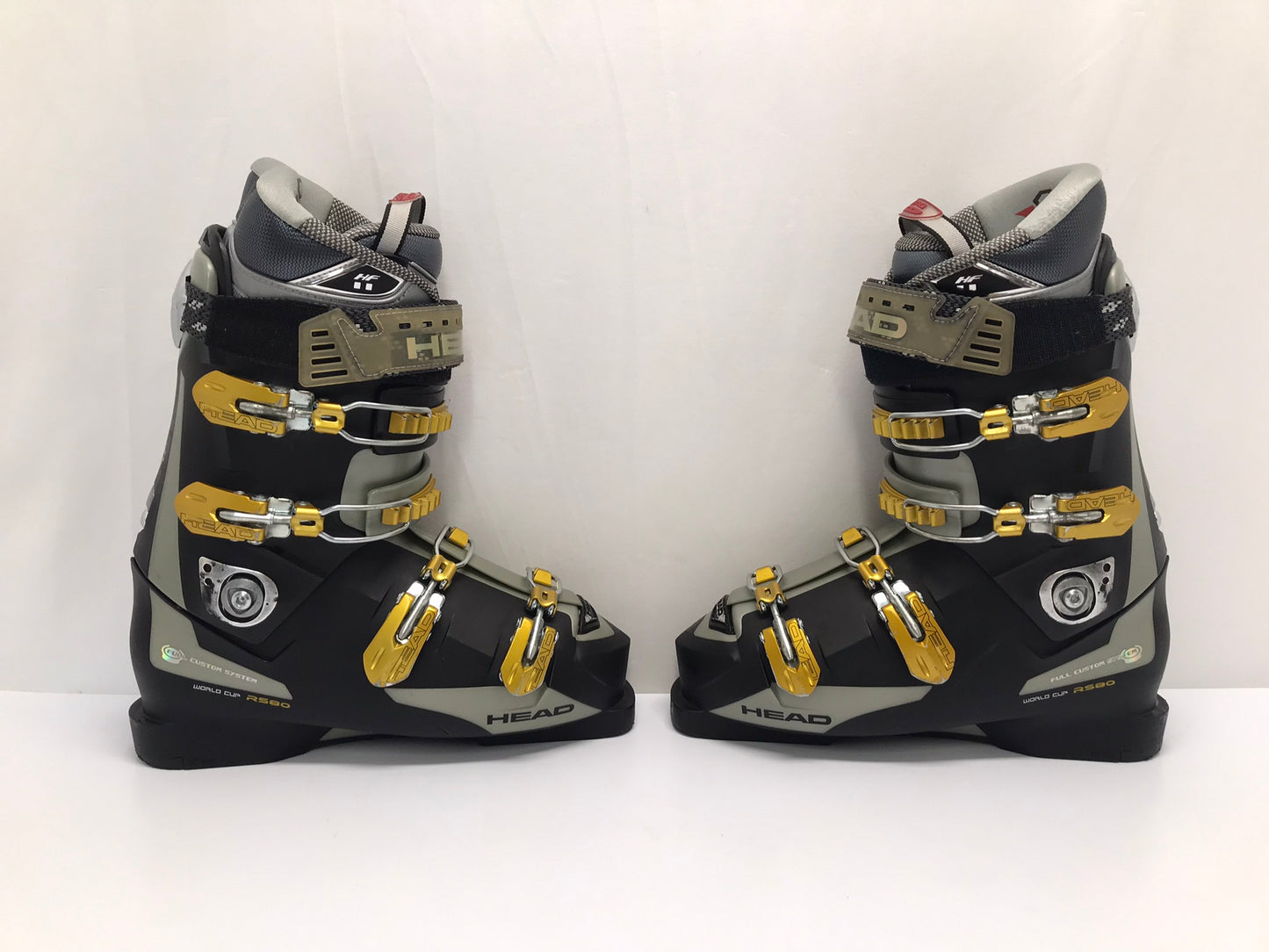 Ski Boots Mondo Size 27.5 Men's Size 9 Ladies Size 10 317 mm Head World Cup Black Gold Grey New Demo Model