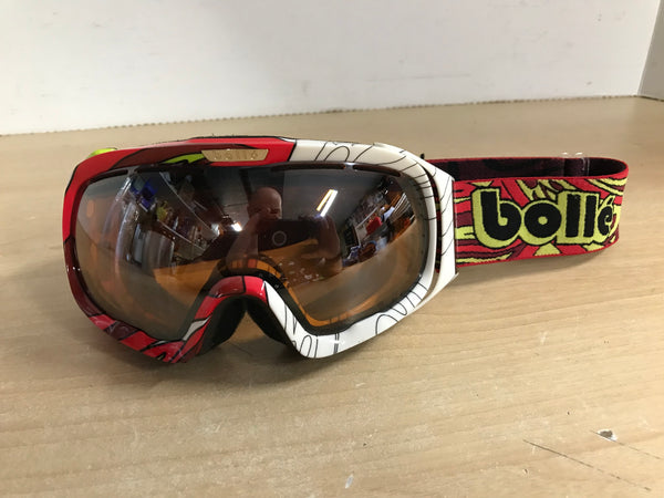 Ski Goggles Adult Size Small Bolle White Red lime Big Mirror Lenses Excellent