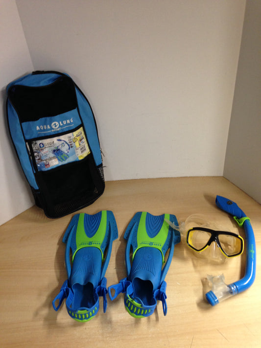 Snorkel Dive Fins Child Shoe Size 1-3 Aqua Lung Blue Lime Some Wear