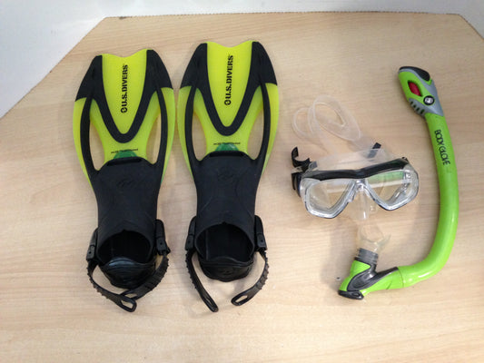 Snorkel Dive Fins Set Child Shoe Size 1-3 Shoe US Divers Black Lime Excellent