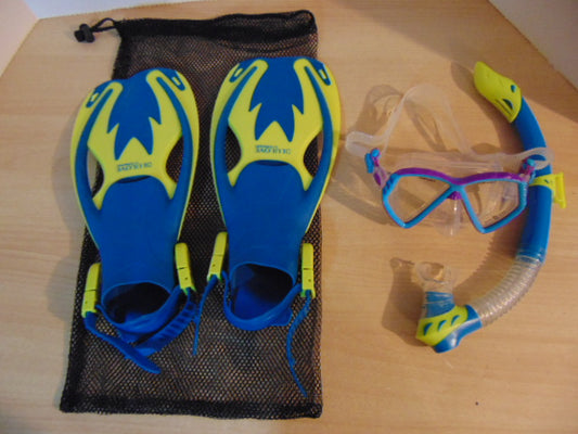 Snorkel Dive Fins Set Child Shoe Size 1-4 Cressi Sub European Teal Yellow Purple Fantastic Quality